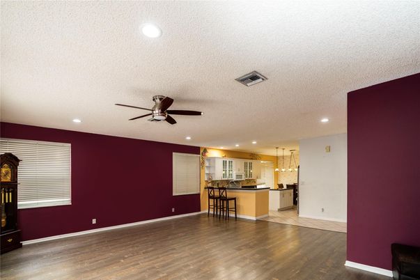 Empty room, Interior, Kitchen, Pendant Lights, Recessed Lighting, Wood Texture Flooring