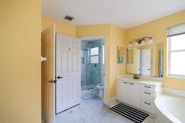Bathroom, Dual Sink Vanities, Glass Shower, Interior, Marble, Marble Walls