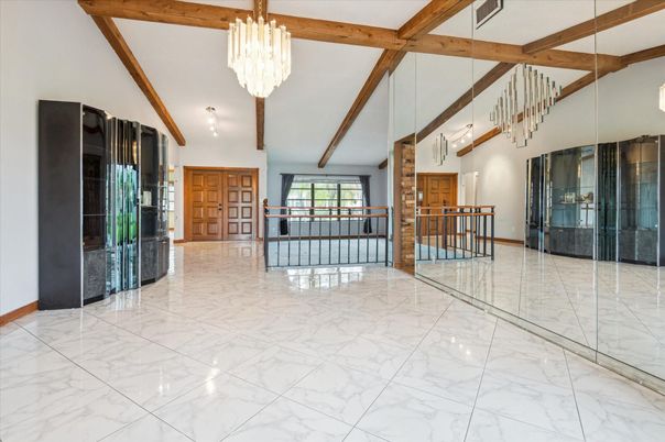 Chandelier, Empty room, Interior, Marble, Wooden Beams