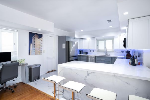 Interior, Kitchen, Marble, Recessed Lighting, Stainless Steel Appliances, Wood Texture Flooring