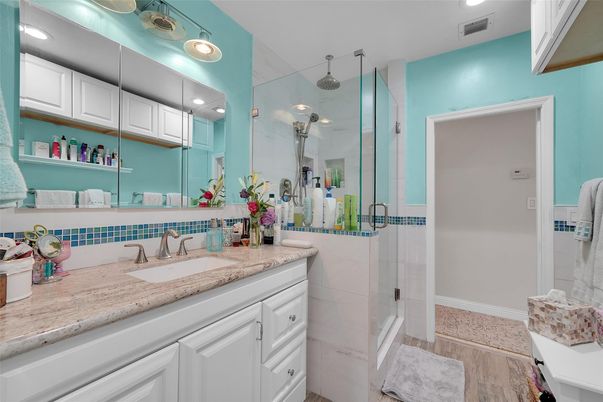 Bathroom, Glass Shower, Interior, Recessed Lighting, Wood Texture Flooring