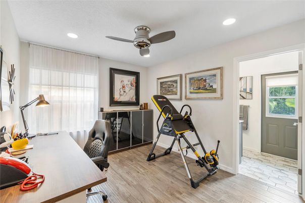 Fitness Equipment, Home Office, Interior, Recessed Lighting, Wood Texture Flooring