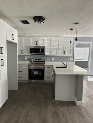 Interior, Kitchen, Pendant Lights, Stainless Steel Appliances, Wood Texture Flooring