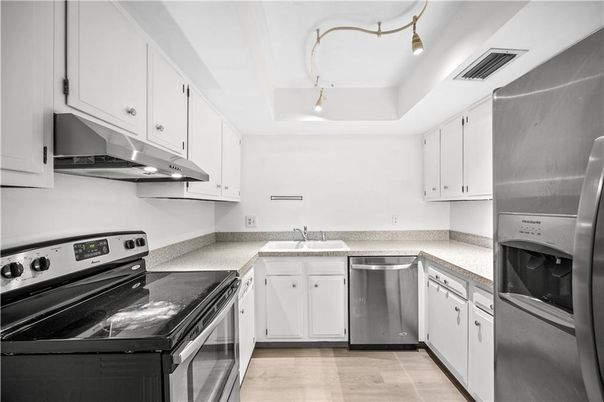 Interior, Kitchen, Stainless Steel Appliances, Wood Texture Flooring