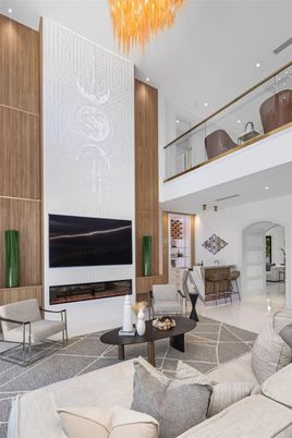 Chandelier, Fireplace, Interior, Living room, Recessed Lighting