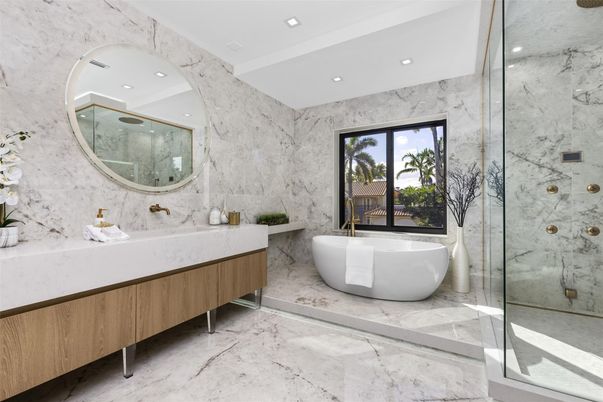 Bathroom, Dual Sink Vanities, Free Standing Baths, Glass Shower, Interior, Marble, Marble Walls, Recessed Lighting