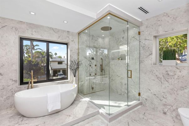 Bathroom, Free Standing Baths, Glass Shower, Interior, Marble, Marble Walls, Recessed Lighting