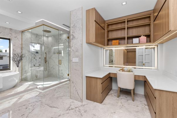 Bathroom, Free Standing Baths, Glass Shower, Interior, Marble, Marble Walls, Recessed Lighting