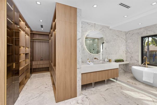 Bathroom, Dual Sink Vanities, Free Standing Baths, Interior, Marble, Marble Walls, Recessed Lighting