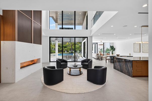 Dining room, Fireplace, Interior, Living room, Pendant Lights, Recessed Lighting, Wooden Ceilings