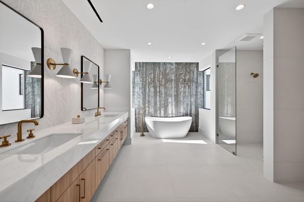 Bathroom, Dual Sink Vanities, Free Standing Baths, Glass Shower, Interior, Recessed Lighting