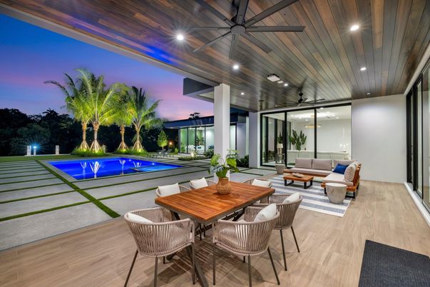 Exterior, Pool, Recessed Lighting, Wood Texture Flooring