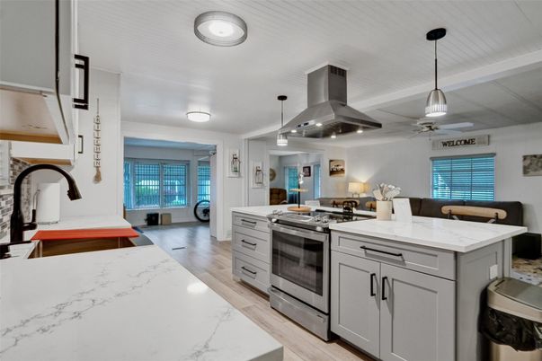 Interior, Kitchen, Pendant Lights, Stainless Steel Appliances, Wood Texture Flooring