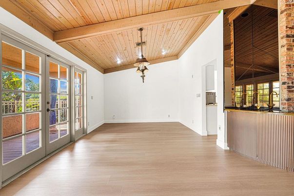 Empty room, Interior, Pendant Lights, Recessed Lighting, Wooden Beams, Wooden Ceilings, Wood Texture Flooring