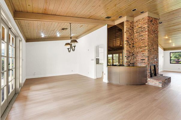 Fireplace, Interior, Pendant Lights, Recessed Lighting, Stone Walls, Wooden Beams, Wooden Ceilings, Wood Texture Flooring