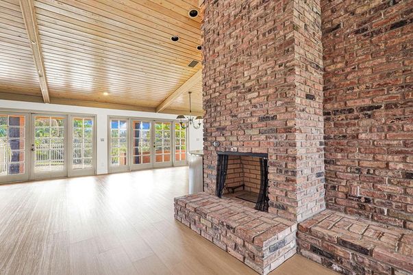 Fireplace, Interior, Recessed Lighting, Stone Walls, Wooden Ceilings, Wood Texture Flooring