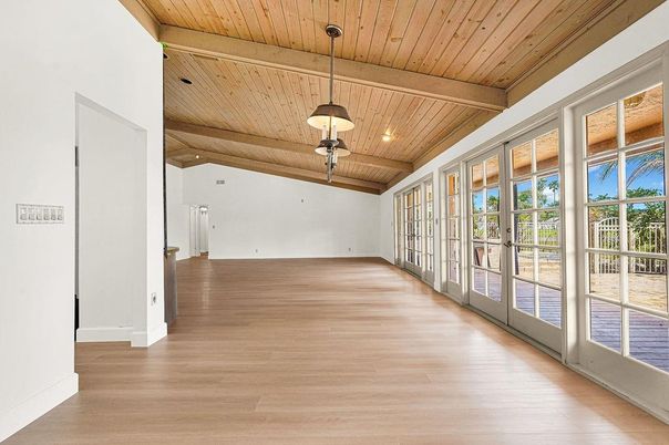 Empty room, Interior, Pendant Lights, Recessed Lighting, Wooden Beams, Wooden Ceilings, Wood Texture Flooring