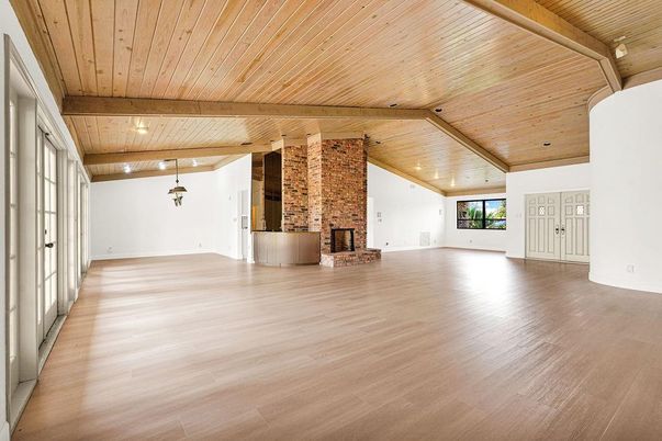 Empty room, Fireplace, Interior, Stone Walls, Wooden Beams, Wooden Ceilings, Wood Texture Flooring