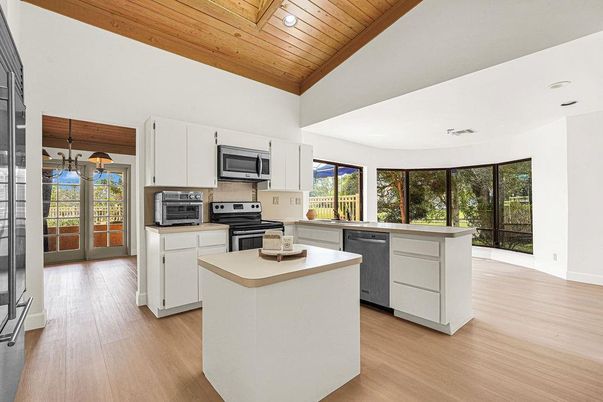 Interior, Kitchen, Recessed Lighting, Stainless Steel Appliances, Wooden Ceilings, Wood Texture Flooring