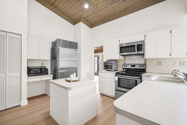 Interior, Kitchen, Recessed Lighting, Stainless Steel Appliances, Wooden Ceilings, Wood Texture Flooring