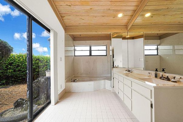 Bathroom, Dual Sink Vanities, Interior, Recessed Lighting, Wooden Ceilings