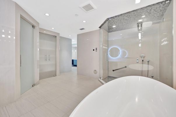 Bathroom, Free Standing Baths, Glass Shower, Interior, Recessed Lighting