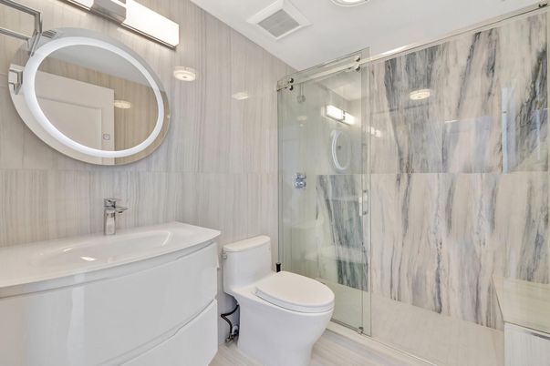 Bathroom, Glass Shower, Interior, Wood Texture Flooring