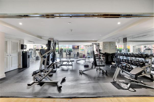 Fitness Equipment, Gym, Interior, Recessed Lighting, Wood Texture Flooring