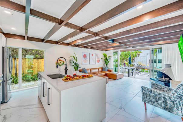 Interior, Kitchen, Living room, Marble, Recessed Lighting, Wooden Beams