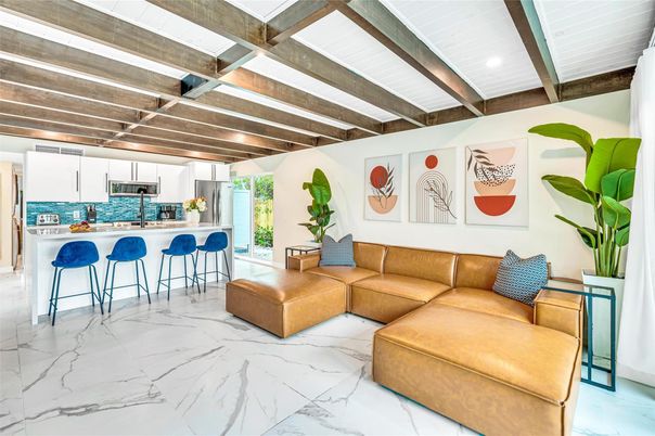 Interior, Kitchen, Living room, Marble, Recessed Lighting, Wooden Beams