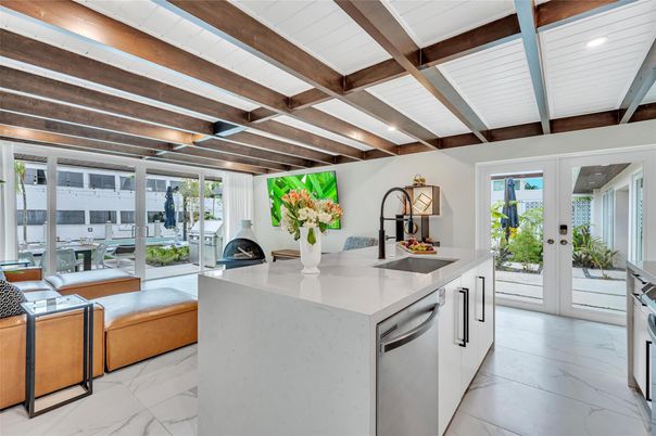 Fireplace, Interior, Kitchen, Marble, Recessed Lighting, Wooden Beams