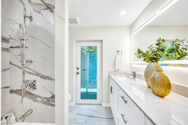 Bathroom, Glass Shower, Interior, Marble, Marble Walls, Recessed Lighting
