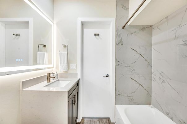 Bathroom, Interior, Marble Walls, Wood Texture Flooring