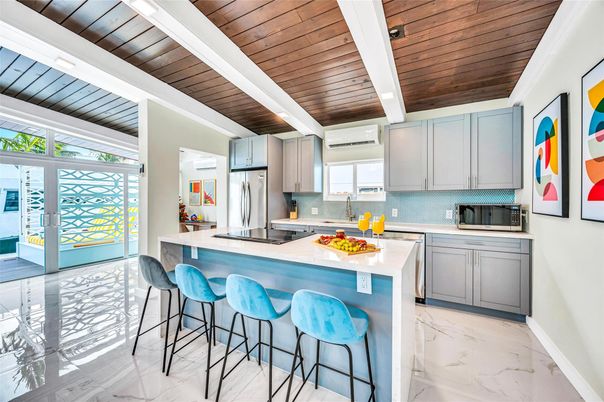 Interior, Kitchen, Marble, Recessed Lighting, Stainless Steel Appliances, Wooden Ceilings