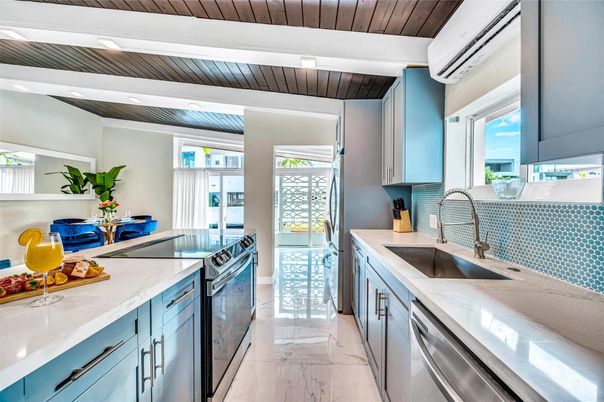 Interior, Kitchen, Marble, Recessed Lighting, Wooden Ceilings