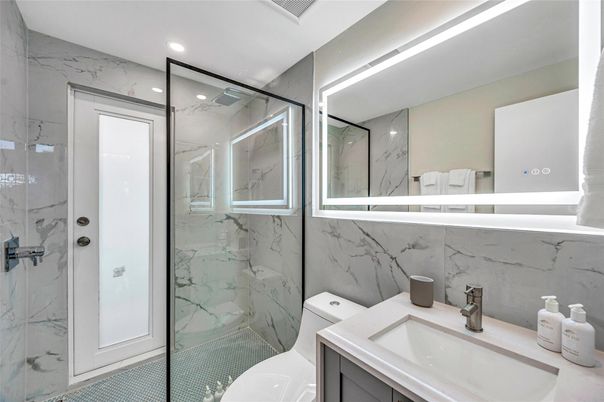 Bathroom, Glass Shower, Interior, Marble Walls, Recessed Lighting