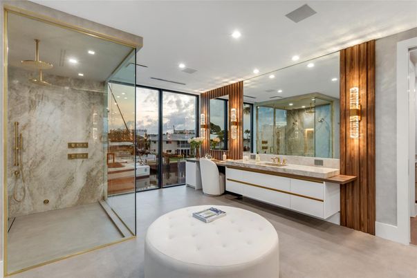 Bathroom, Glass Shower, Interior, Marble Walls, Recessed Lighting
