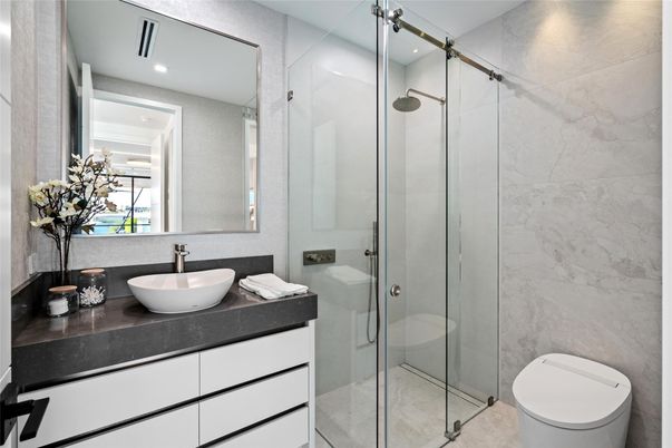 Bathroom, Glass Shower, Interior, Marble Walls, Recessed Lighting