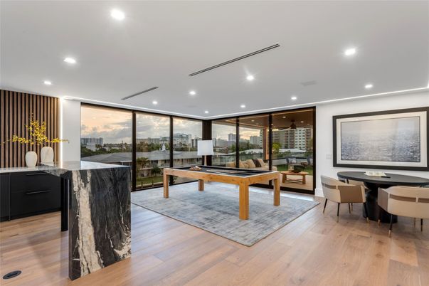 Billiard Table, Dining room, Game Room, Interior, Recessed Lighting, Wood Texture Flooring