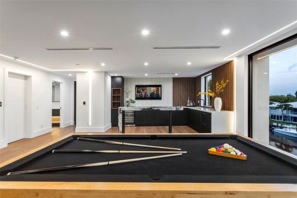 Billiard Table, Game Room, Interior, Recessed Lighting, Wood Texture Flooring