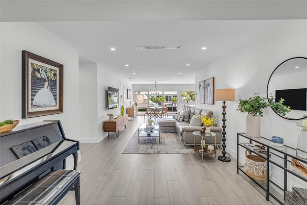 Dining room, Interior, Living room, Pendant Lights, Recessed Lighting, Wood Texture Flooring