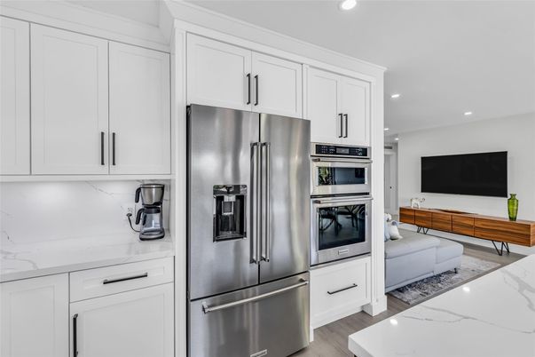 Interior, Kitchen, Recessed Lighting, Stainless Steel Appliances, Wood Texture Flooring
