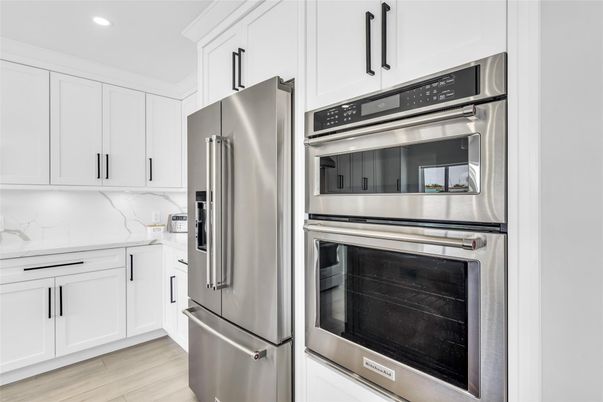 Interior, Kitchen, Recessed Lighting, Stainless Steel Appliances, Wood Texture Flooring