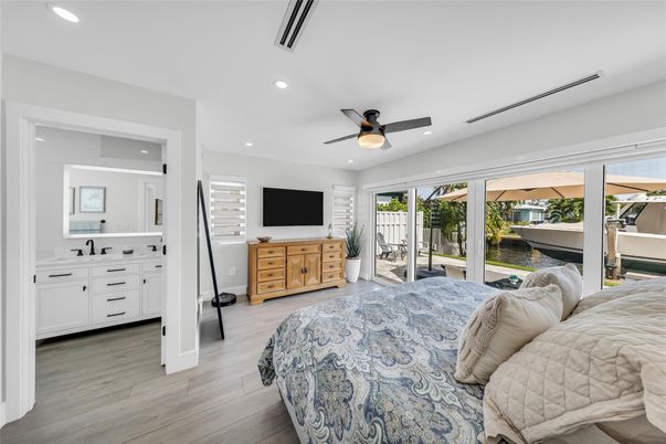 Bedroom, Interior, Recessed Lighting, Water, Wood Texture Flooring
