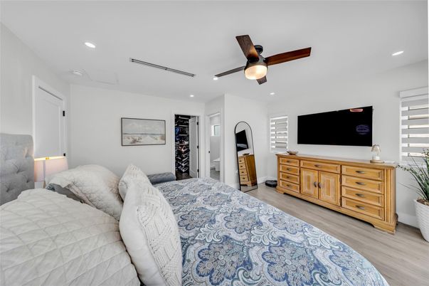Bedroom, Interior, Recessed Lighting, Wood Texture Flooring