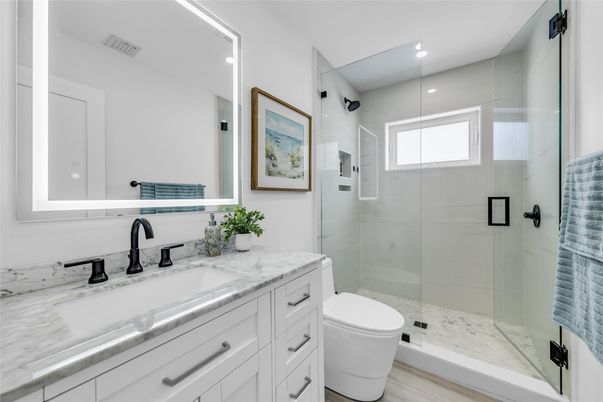 Bathroom, Glass Shower, Interior, Marble Walls, Recessed Lighting