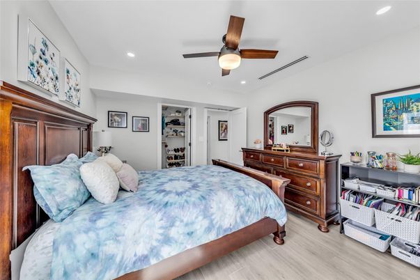 Bedroom, Interior, Recessed Lighting, Wood Texture Flooring