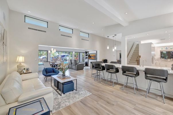 Dining room, Interior, Living room, Pendant Lights, Recessed Lighting, Wood Texture Flooring