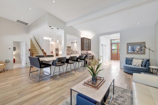 Dining room, Interior, Living room, Pendant Lights, Recessed Lighting, Wood Texture Flooring