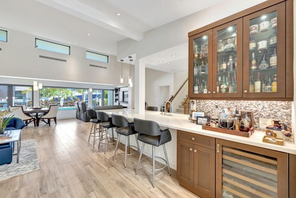 Dining room, Interior, Pendant Lights, Recessed Lighting, Wood Texture Flooring